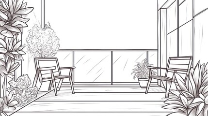 Modern balcony design, two chairs, plants, city view, home decor