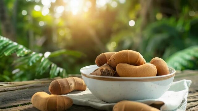tamarind in a bowl in a white bowl on a wooden table. Selective focus