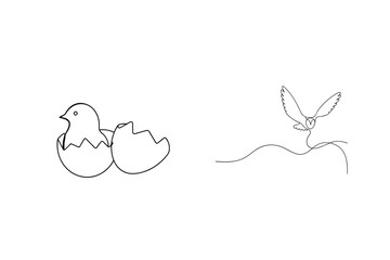 Minimalist continuous line art illustration of a newborn chick and flying owl on white