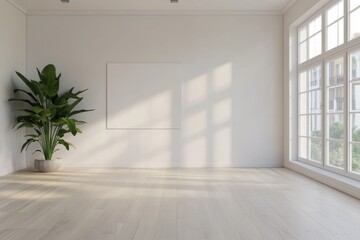 Fototapeta premium Empty room, bathed in sunlight, showcasing a large, blank canvas and a potted plant in a minimalist interior