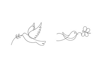 Minimalist line art illustrations of birds and butterflies symbolizing freedom and peace