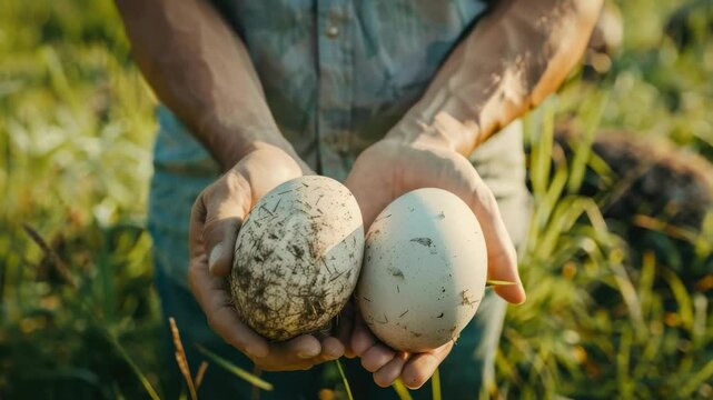the farmer holds ostrich eggs in his hands. Selective focus