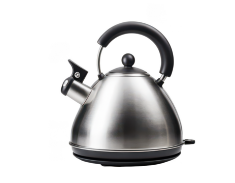 a polished metal kettle is displayed against a solid black backdrop. the kettle has a rounded base with a dark band, and the body tapers upwards to a slightly smaller lid topped with a knob