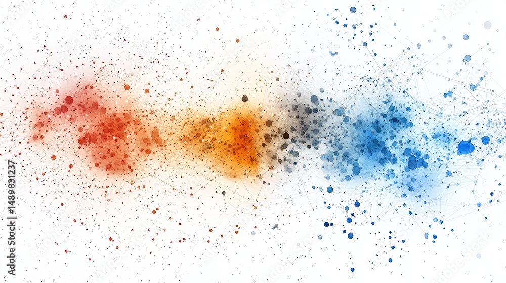 Poster abstract colorful splash of paint with glittering particles and dots