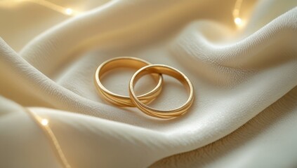 Classic gold wedding rings are set on exquisite fabric, symbolizing love and eternal bond, suitable for engagements and weddings
