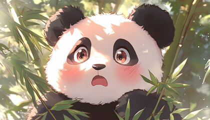 Adorable cartoon panda with wide eyes and rosy cheeks amidst bamboo, looking surprised