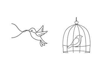 Hummingbird carrying thread and bird in cage simple line drawing vector illustration.