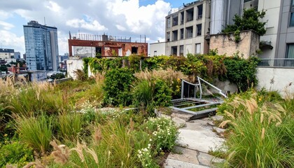 Fototapeta premium Rooftop Natural Reclamation with Plants Taking Over Urban Space
