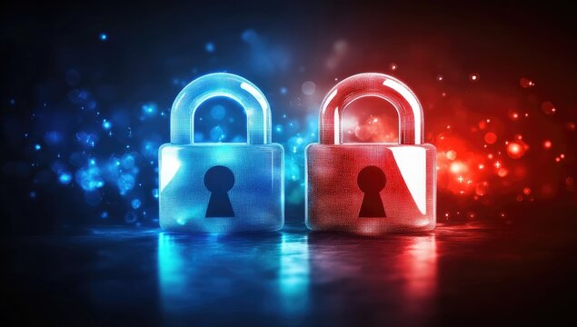 Two glowing locks, one blue, one red,  represent contrasting security forces.  Reflective surface and bokeh add drama