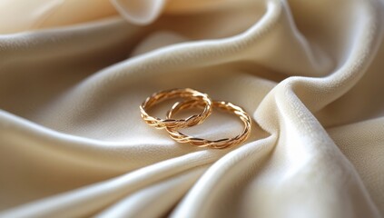 Classic gold wedding rings are set on exquisite fabric, symbolizing love and eternal bond, suitable for engagements and weddings
