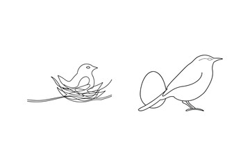 Minimalist line art illustration depicting a bird in its nest and beside an egg