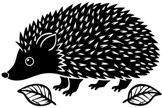 Black silhouette design of a small hedgehog with spines distinctly shown, hedgehog, silhouette, animal, nature, wildlife, prickly, spines, vector, illustration, design, graphic, art, image, clipart, b