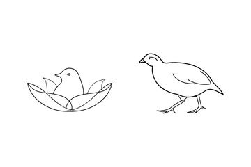 Simple outline illustration of a bird in a nest and a quail on a white background
