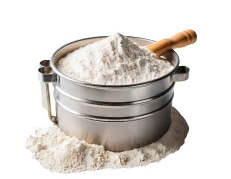 against a plain black background, a stainless steel sifter is overflowing with a light colored powdery substance. a wooden utensil rests on top of the powder within the sifter