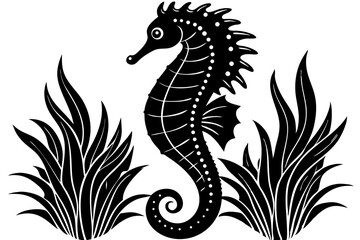 Elegant black seahorse silhouette design in classic upright pose, seahorse, silhouette, black, outline, vector, illustration, design, animal, sea life, marine, aquatic, creature, ocean, underwater, ar