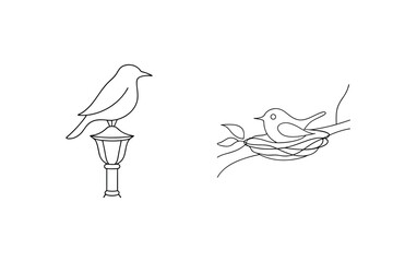 Minimalist line art illustration of two birds perched on a lamp and nesting