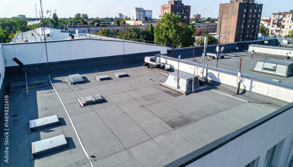 Poster rooftop technology integration with gadgets and sensors in urban setting