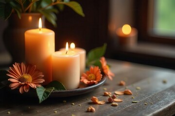 Obraz premium Burned-down candles, dried flower accents, wooden table, candle, leaves, ambiance