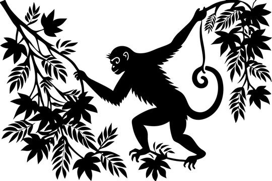 Playful monkey silhouette in black depicting capuchin or similar ape, monkey, capuchin, ape, animal, wildlife, silhouette, black, vector, design, illustration, primate, playful, funny, curious, transp