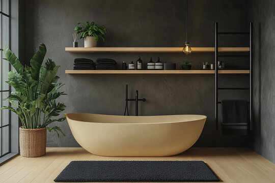 modern minimalist bathroom with beige and black colors