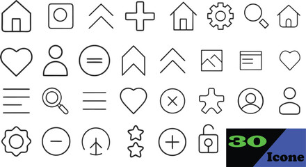 This vector illustration shows a web design set with number icons, communication symbols like mail and email, a home sign, business elements, media and music elements, an arrow, and a paper icon