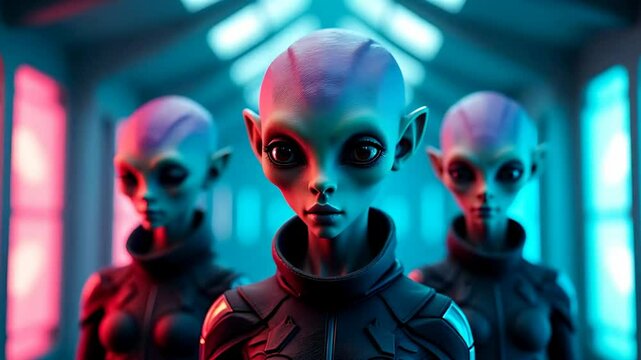 Three aliens look at the camera futuristic view