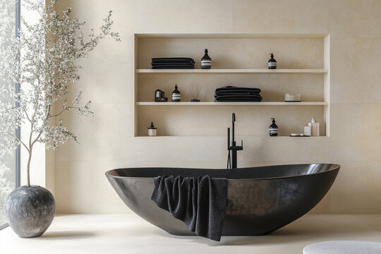 modern minimalist bathroom with beige and black colors