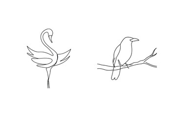 Elegant line art depicting a graceful swan and perched bird on a white background