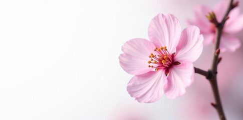 Delicate pink cherry blossom, single bloom, isolated on white Springtime freshness , closeup, pretty, beautiful flower