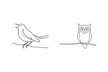 Simple black and white line drawing of a singing bird and a perched owl on a branch