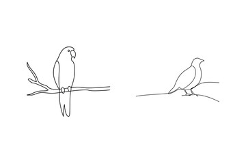 Minimalist line drawing of a parrot and a dove perched on a branch