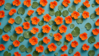 Bright orange nasturtium flowers and green leaves arranged on a turquoise background.