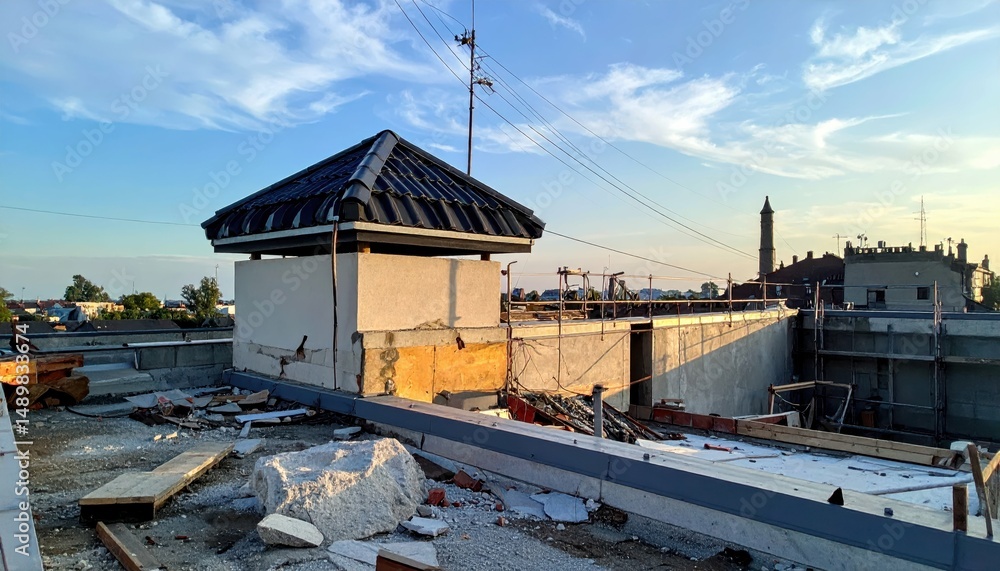 Poster rooftop in state of transition showing scaffolding and construction work