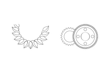 Minimalist black and white illustration of a leaf wreath and gear wheels mechanism