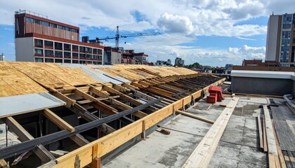 Fototapeta premium Rooftop Undergoing Transformation with Scaffolding and Construction Elements