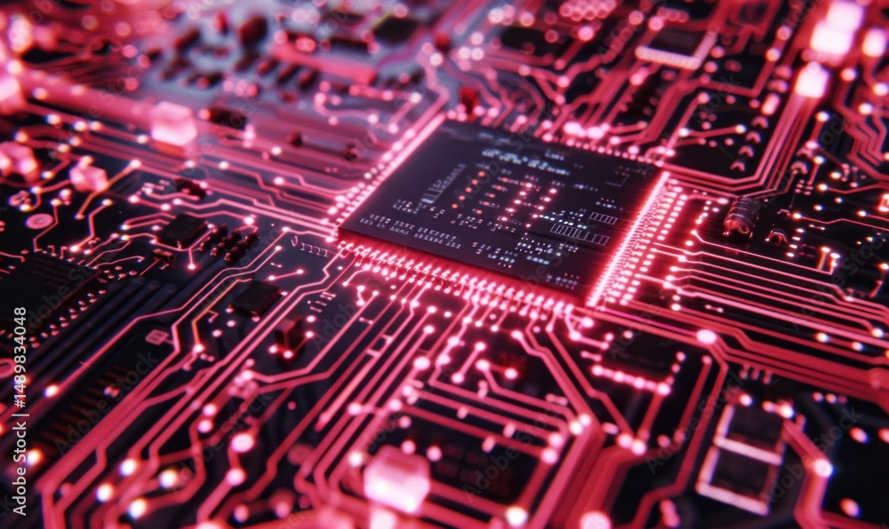 Poster red illuminated cpu on circuit board; technology background; for tech articles