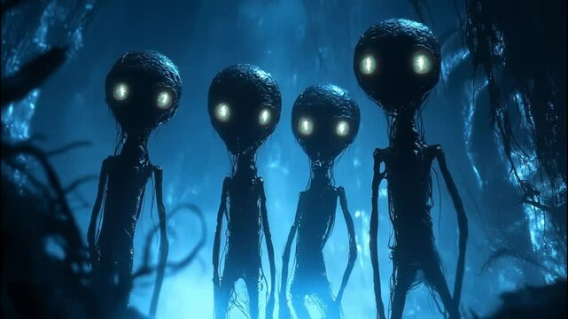 Three aliens look at the camera futuristic view