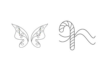 Whimsical vector illustration of fairy wings and candy cane isolated on white background