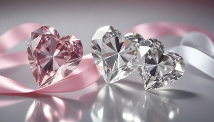 Elegant composition of heart-shaped diamonds with pink and white ribbons on a reflective surface.