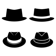 Fedora Hat Vector Silhouettes Set – Classic Vintage Hats in Black Isolated on White Background for Fashion, Retro Style, or Detective Themes