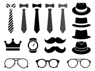 Father’s Day silhouette elements set –  Vector Illustration of bow tie, mustache, hat, crown, watch, glass icons for dad clipart design, isolated on white background