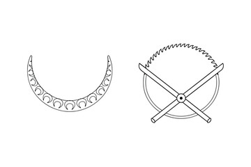 Elegant crescent moon decorations and bow saw illustration against a clean white background