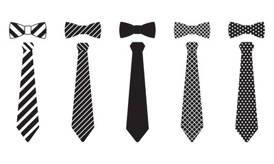 Set of Neck Tie and Bow Tie Vector Silhouettes with Striped, Solid, Grid, and Polka Dot Patterns Isolated on Transparent White Background