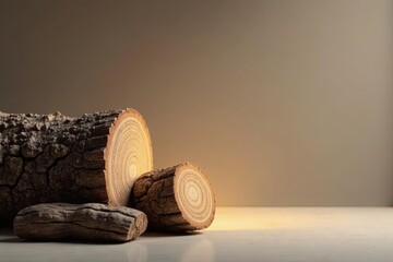 Warm-toned rustic wooden slices arranged on a neutral surface against a muted background, ideal for product display or natural themed design