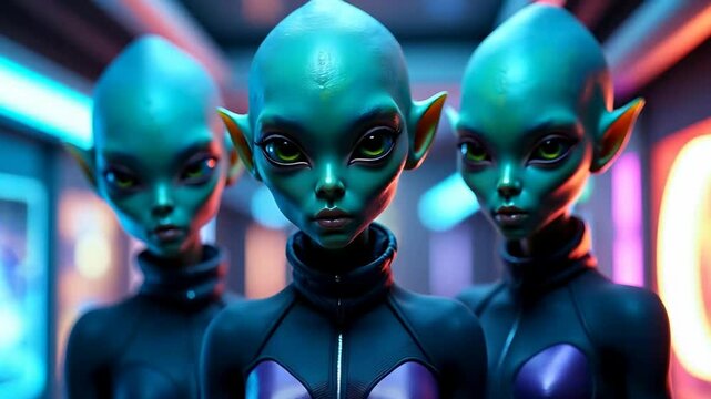 Three aliens look at the camera futuristic view