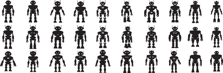 Collection of various robot silhouettes for design assets and creative projects vector illustration