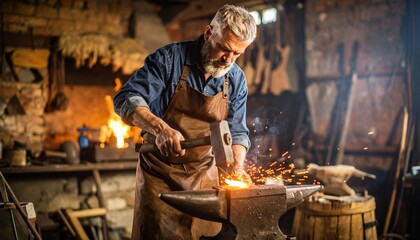 A skilled, bearded blacksmith hammering hot metal on an anvil, sparks flying, in a dimly lit workshop with a fiery forge in the background, working with passion.