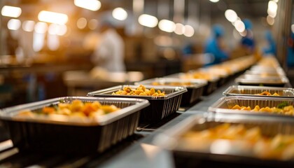 Food production line with ready meals in plastic containers