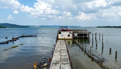 Fototapeta premium Abandoned Docking Point on Rooftop Amid Rising Sea Levels