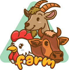 Illustration of livestock such as chickens, goats and cows for a logo